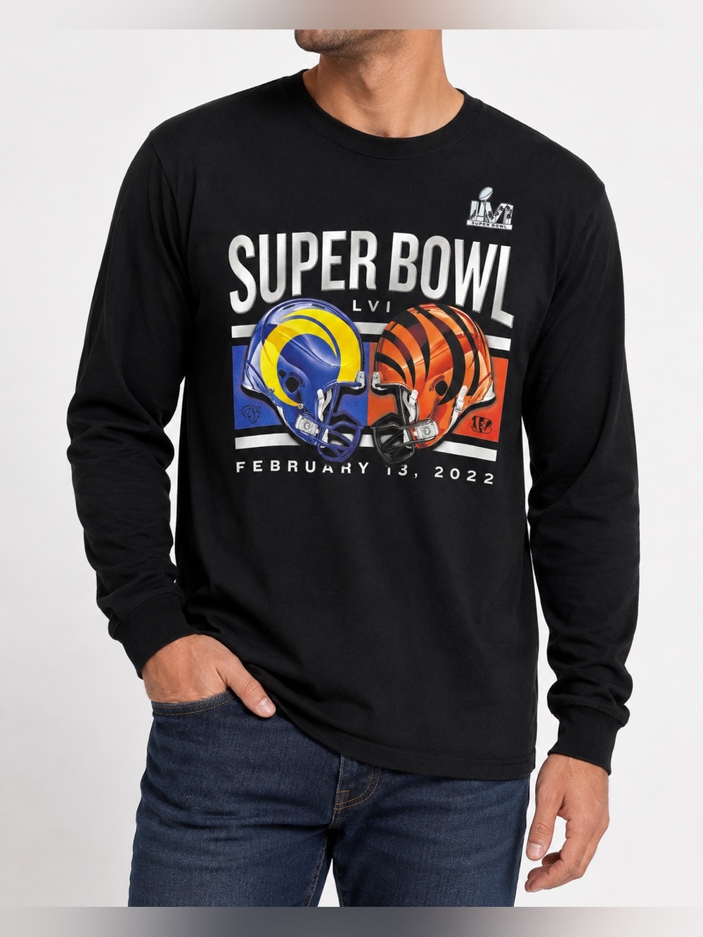 Fanatics Super Bowl LVI Rams Bengals 2022 Long Sleeve Shirt Black L NWT